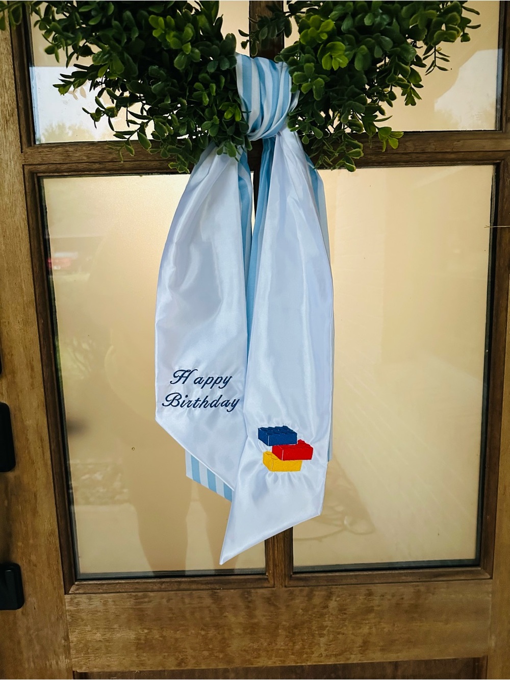 Happy Birthday Blue Satin Door Scarf with Block Embroidery